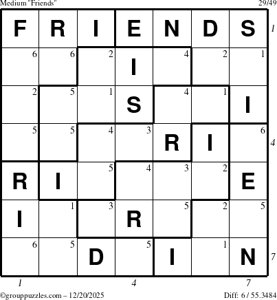 The grouppuzzles.com Medium Friends puzzle for Saturday December 20, 2025, suitable for printing, with all 6 steps marked