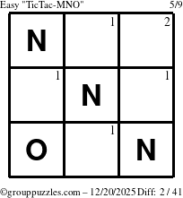 The grouppuzzles.com Easy TicTac-MNO puzzle for Saturday December 20, 2025 with the first 2 steps marked