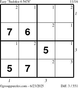 The grouppuzzles.com Easy Sudoku-4-5678 puzzle for Monday June 23, 2025, suitable for printing, with all 3 steps marked