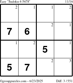The grouppuzzles.com Easy Sudoku-4-5678 puzzle for Monday June 23, 2025 with the first 3 steps marked