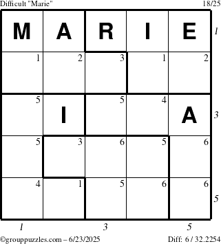 The grouppuzzles.com Difficult Marie puzzle for Monday June 23, 2025 with all 6 steps marked