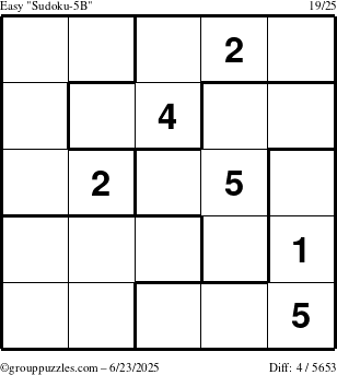 The grouppuzzles.com Easy Sudoku-5B puzzle for Monday June 23, 2025
