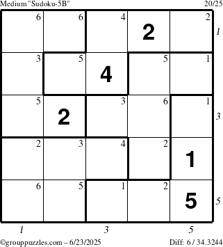 The grouppuzzles.com Medium Sudoku-5B puzzle for Monday June 23, 2025 with all 6 steps marked