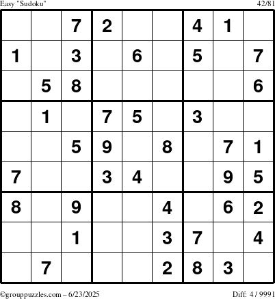 The grouppuzzles.com Easy Sudoku puzzle for Monday June 23, 2025