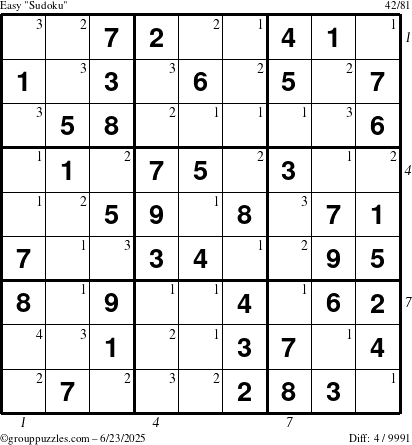 The grouppuzzles.com Easy Sudoku puzzle for Monday June 23, 2025 with all 4 steps marked