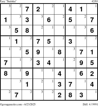 The grouppuzzles.com Easy Sudoku puzzle for Monday June 23, 2025 with the first 3 steps marked