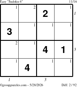 The grouppuzzles.com Easy Sudoku-4 puzzle for Thursday May 28, 2026, suitable for printing, with all 2 steps marked