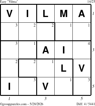 The grouppuzzles.com Easy Vilma puzzle for Thursday May 28, 2026 with all 4 steps marked