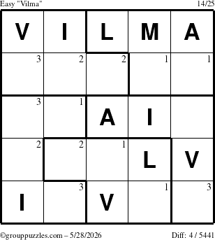 The grouppuzzles.com Easy Vilma puzzle for Thursday May 28, 2026 with the first 3 steps marked