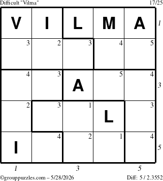 The grouppuzzles.com Difficult Vilma puzzle for Thursday May 28, 2026 with all 5 steps marked