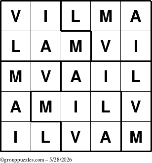 The grouppuzzles.com Answer grid for the Vilma puzzle for Thursday May 28, 2026