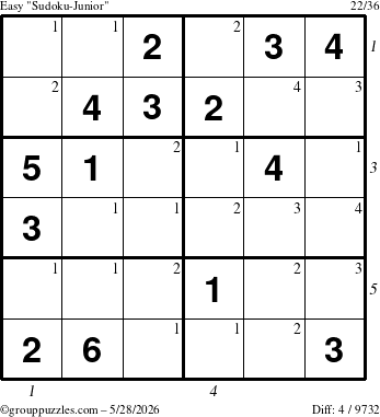 The grouppuzzles.com Easy Sudoku-Junior puzzle for Thursday May 28, 2026 with all 4 steps marked