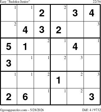 The grouppuzzles.com Easy Sudoku-Junior puzzle for Thursday May 28, 2026 with the first 3 steps marked
