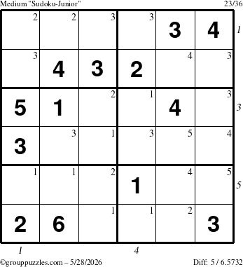 The grouppuzzles.com Medium Sudoku-Junior puzzle for Thursday May 28, 2026 with all 5 steps marked