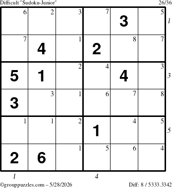 The grouppuzzles.com Difficult Sudoku-Junior puzzle for Thursday May 28, 2026 with all 8 steps marked