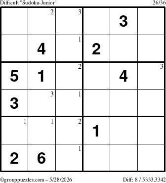 The grouppuzzles.com Difficult Sudoku-Junior puzzle for Thursday May 28, 2026 with the first 3 steps marked