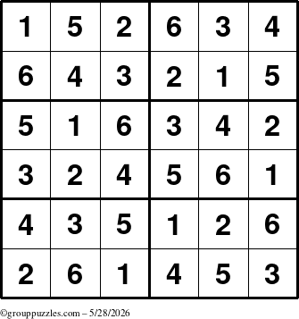 The grouppuzzles.com Answer grid for the Sudoku-Junior puzzle for Thursday May 28, 2026