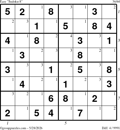 The grouppuzzles.com Easy Sudoku-8 puzzle for Thursday May 28, 2026, suitable for printing, with all 4 steps marked