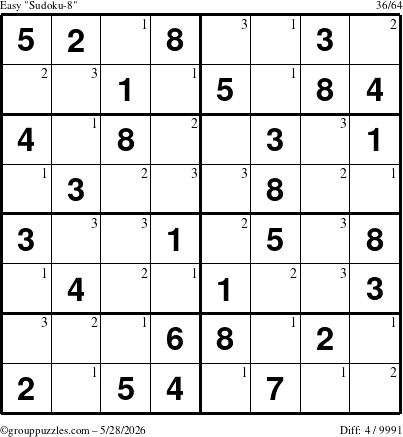 The grouppuzzles.com Easy Sudoku-8 puzzle for Thursday May 28, 2026 with the first 3 steps marked
