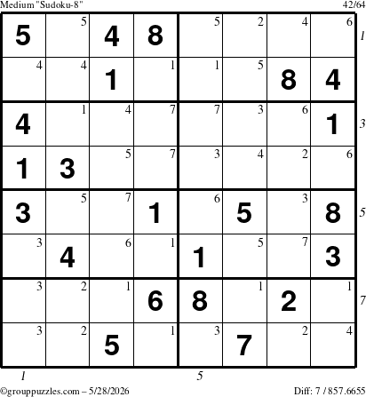 The grouppuzzles.com Medium Sudoku-8 puzzle for Thursday May 28, 2026, suitable for printing, with all 7 steps marked