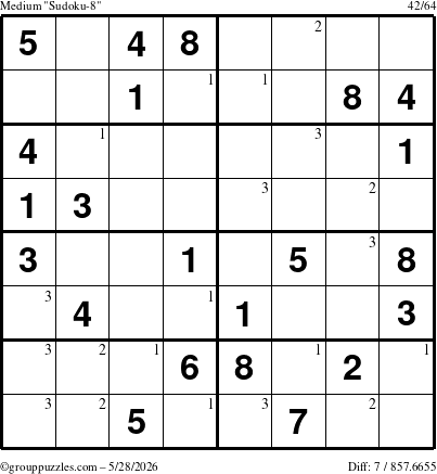 The grouppuzzles.com Medium Sudoku-8 puzzle for Thursday May 28, 2026 with the first 3 steps marked
