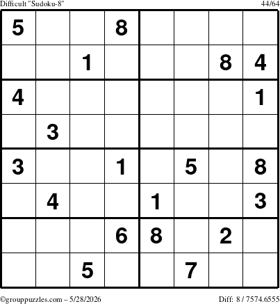 The grouppuzzles.com Difficult Sudoku-8 puzzle for Thursday May 28, 2026