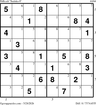 The grouppuzzles.com Difficult Sudoku-8 puzzle for Thursday May 28, 2026, suitable for printing, with all 8 steps marked