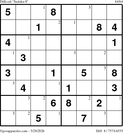 The grouppuzzles.com Difficult Sudoku-8 puzzle for Thursday May 28, 2026 with the first 3 steps marked