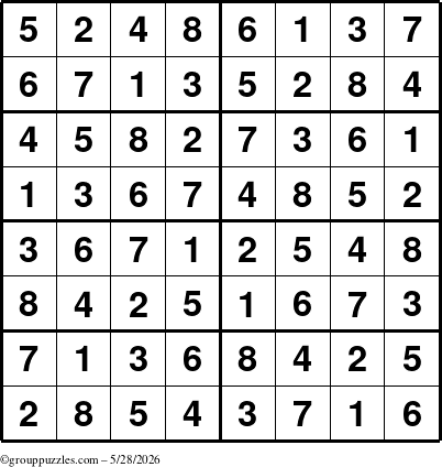 The grouppuzzles.com Answer grid for the Sudoku-8 puzzle for Thursday May 28, 2026