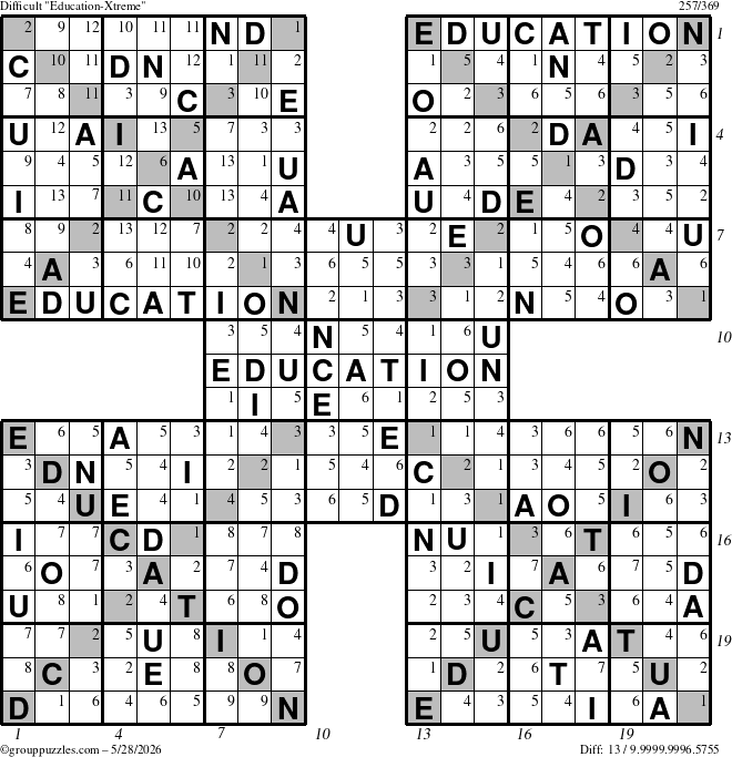 The grouppuzzles.com Difficult Education-Xtreme puzzle for Thursday May 28, 2026 with all 13 steps marked