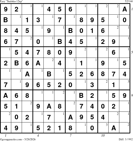 The grouppuzzles.com Easy Sudoku-12up puzzle for Thursday May 28, 2026, suitable for printing, with all 3 steps marked