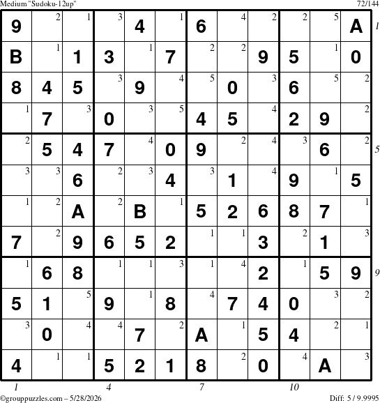 The grouppuzzles.com Medium Sudoku-12up puzzle for Thursday May 28, 2026, suitable for printing, with all 5 steps marked