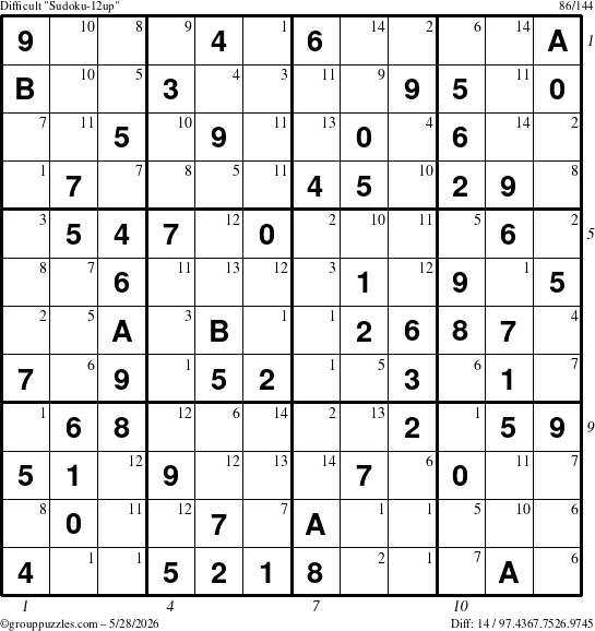 The grouppuzzles.com Difficult Sudoku-12up puzzle for Thursday May 28, 2026 with all 14 steps marked