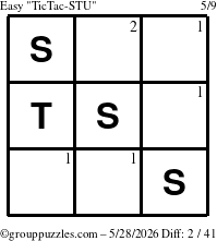 The grouppuzzles.com Easy TicTac-STU puzzle for Thursday May 28, 2026 with the first 2 steps marked