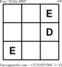 The grouppuzzles.com Easy TicTac-DEF puzzle for Tuesday December 23, 2025