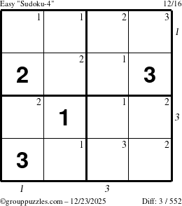 The grouppuzzles.com Easy Sudoku-4 puzzle for Tuesday December 23, 2025 with all 3 steps marked