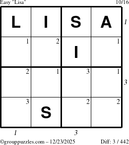 The grouppuzzles.com Easy Lisa puzzle for Tuesday December 23, 2025 with all 3 steps marked