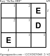 The grouppuzzles.com Easy TicTac-DEF puzzle for Tuesday December 23, 2025 with all 2 steps marked