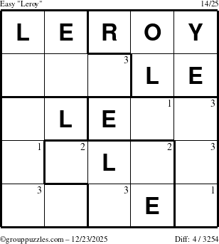 The grouppuzzles.com Easy Leroy puzzle for Tuesday December 23, 2025 with the first 3 steps marked