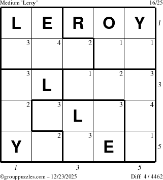 The grouppuzzles.com Medium Leroy puzzle for Tuesday December 23, 2025 with all 4 steps marked
