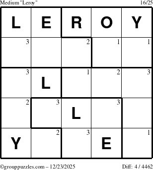 The grouppuzzles.com Medium Leroy puzzle for Tuesday December 23, 2025 with the first 3 steps marked