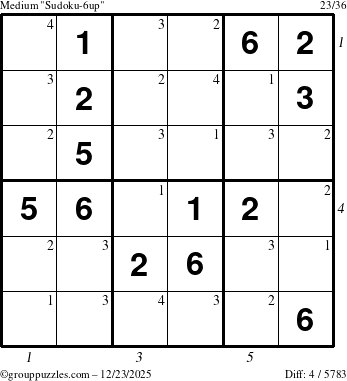 The grouppuzzles.com Medium Sudoku-6up puzzle for Tuesday December 23, 2025 with all 4 steps marked