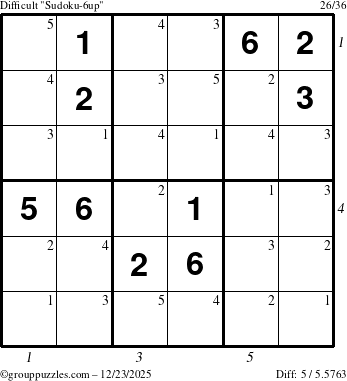 The grouppuzzles.com Difficult Sudoku-6up puzzle for Tuesday December 23, 2025, suitable for printing, with all 5 steps marked