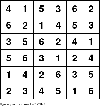 The grouppuzzles.com Answer grid for the Sudoku-6up puzzle for Tuesday December 23, 2025