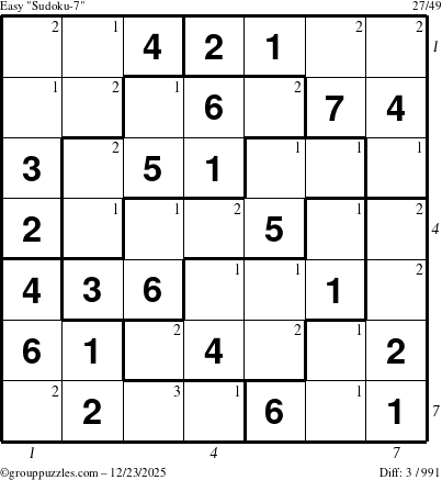 The grouppuzzles.com Easy Sudoku-7 puzzle for Tuesday December 23, 2025 with all 3 steps marked