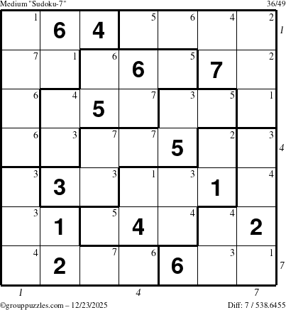 The grouppuzzles.com Medium Sudoku-7 puzzle for Tuesday December 23, 2025 with all 7 steps marked
