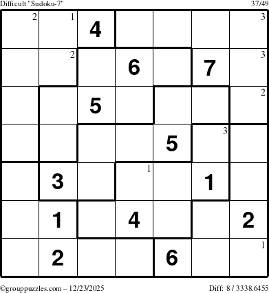 The grouppuzzles.com Difficult Sudoku-7 puzzle for Tuesday December 23, 2025 with the first 3 steps marked