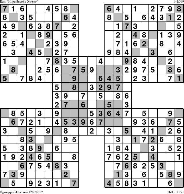 The grouppuzzles.com Easy HyperSudoku-Xtreme puzzle for Tuesday December 23, 2025