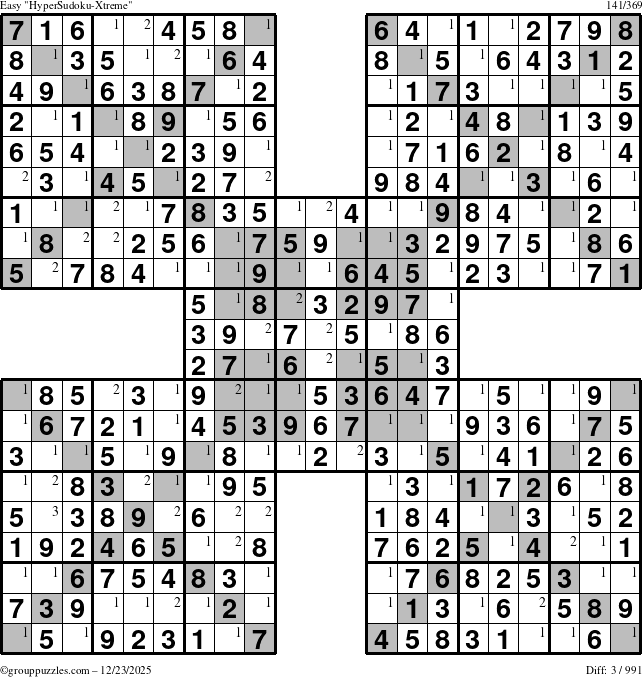 The grouppuzzles.com Easy HyperSudoku-Xtreme puzzle for Tuesday December 23, 2025 with the first 3 steps marked