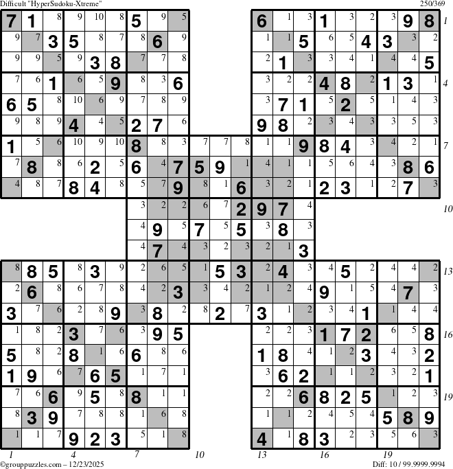 The grouppuzzles.com Difficult HyperSudoku-Xtreme puzzle for Tuesday December 23, 2025 with all 10 steps marked